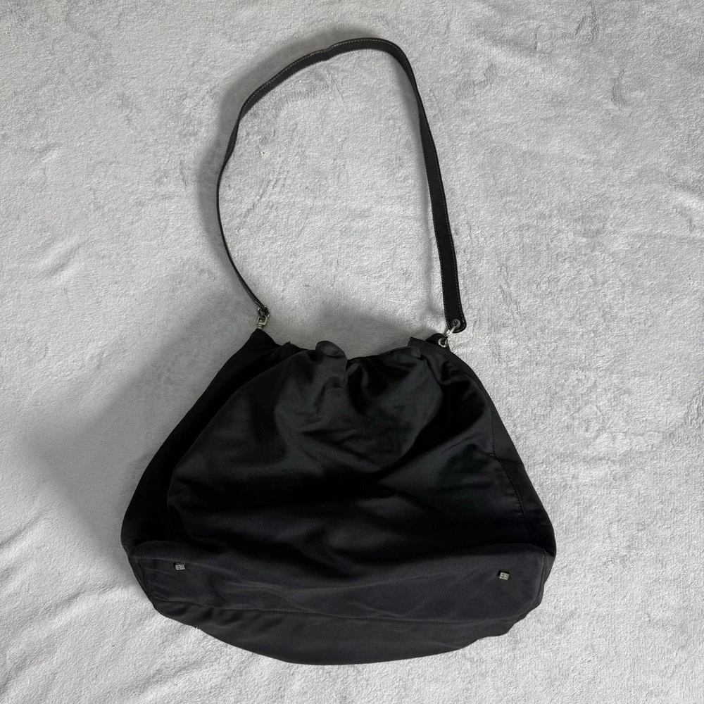 Vintage Kate Spade Black Nylon Drawstring Hobo Shoulder Bag Leather Strap